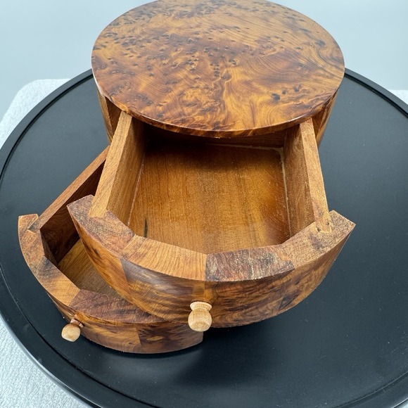 Morocco Jewellery Box Thuya Wood Aromatic Marquetry 2 Drawer Cylinder Drum Heavy - Picture 4 of 14
